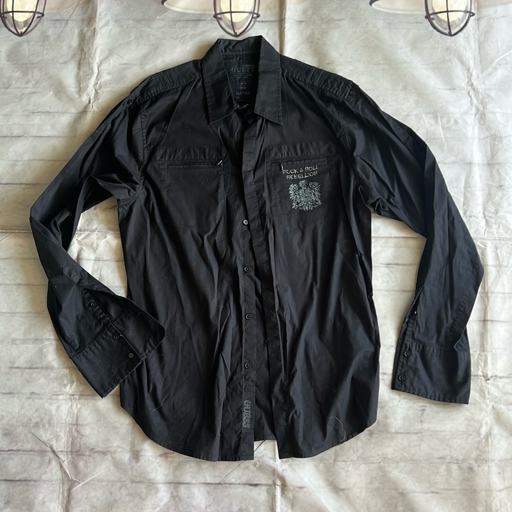 EUC Guess Men's Rock & Roll Rebellion Black Button Down Shirt Large